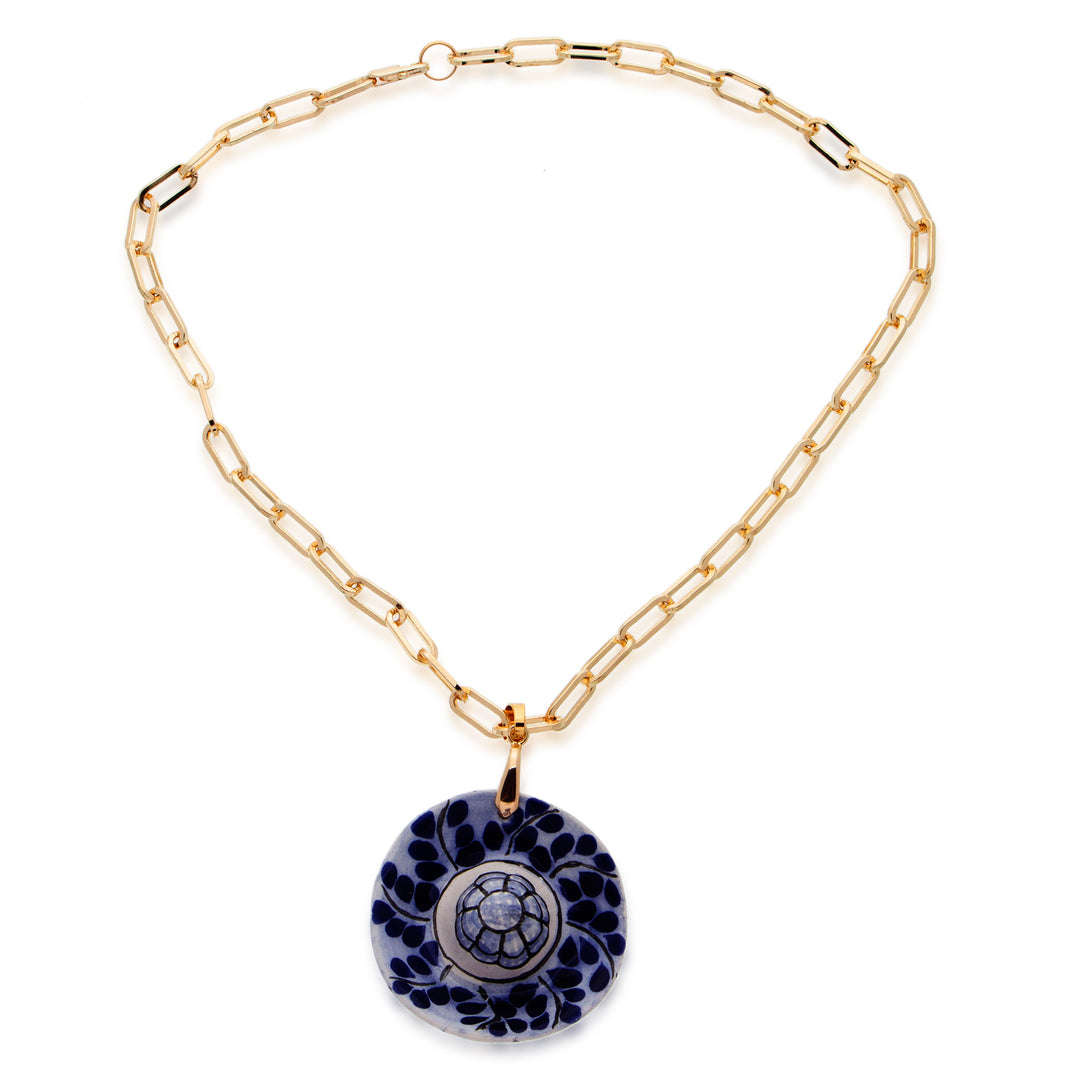 Hand-Painted Talavera 14k Gold-Accented Pendant Necklace - Endless Blue
