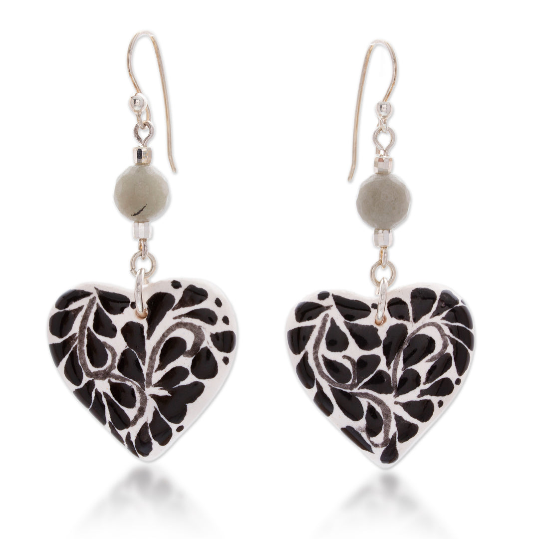 Leafy Heart-Shaped Natural Agate and Ceramic Dangle Earrings - Healing Hearts