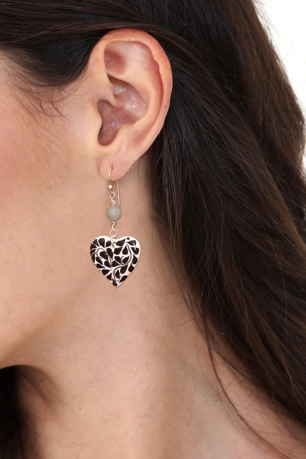 Leafy Heart-Shaped Natural Agate and Ceramic Dangle Earrings - Healing Hearts