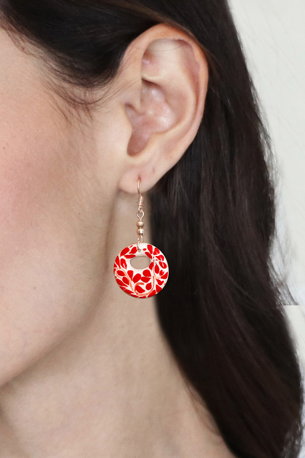 Handmade Romantic Red Ceramic Dangle Earrings from Mexico - Leafy Love