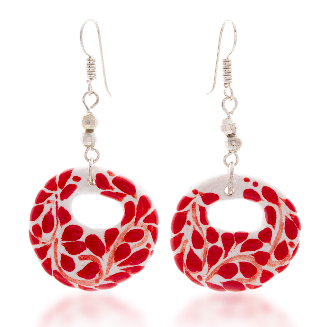 Handmade Romantic Red Ceramic Dangle Earrings from Mexico - Leafy Love