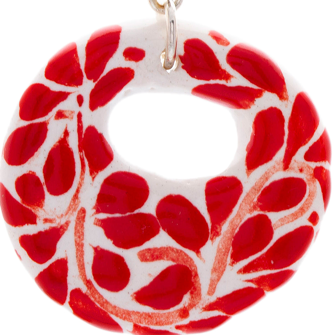Handmade Romantic Red Ceramic Dangle Earrings from Mexico - Leafy Love