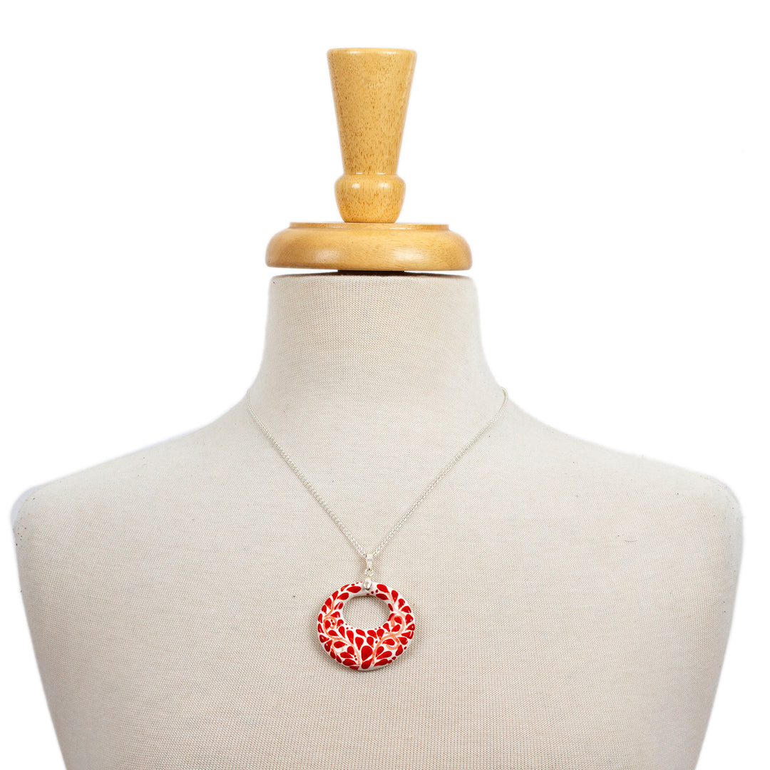 Fair Trade Romantic Red Ceramic Pendant Necklace from Mexico - Leafy Love