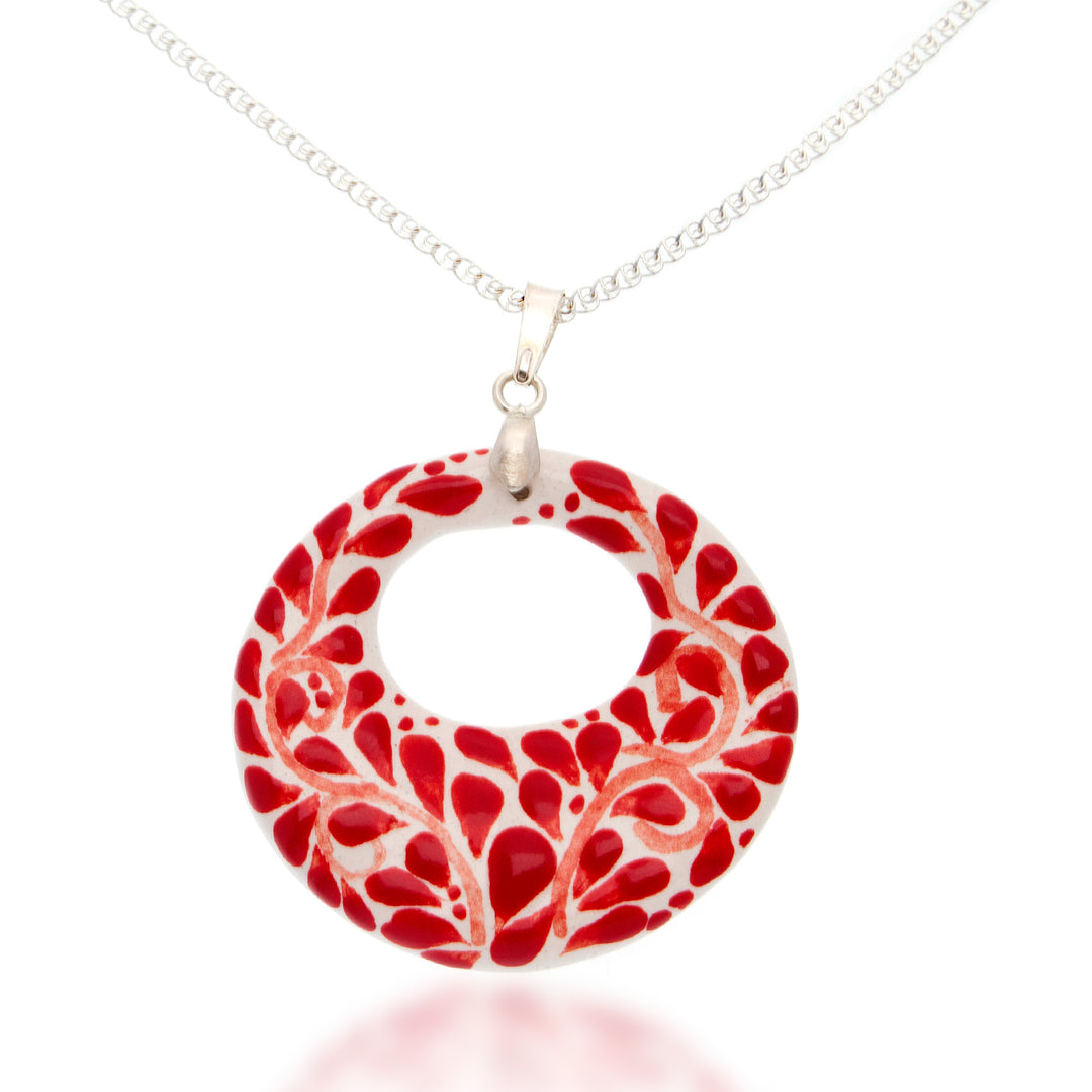 Fair Trade Romantic Red Ceramic Pendant Necklace from Mexico - Leafy Love
