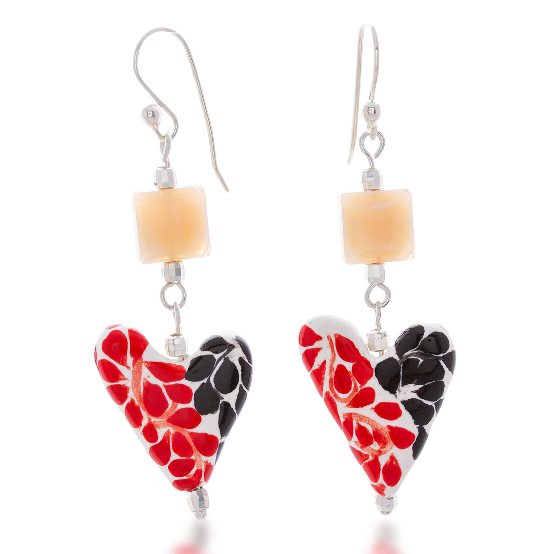 Talavera-Style Painted Leafy Heart-Shaped Ceramic Earrings - Leafy Hearts