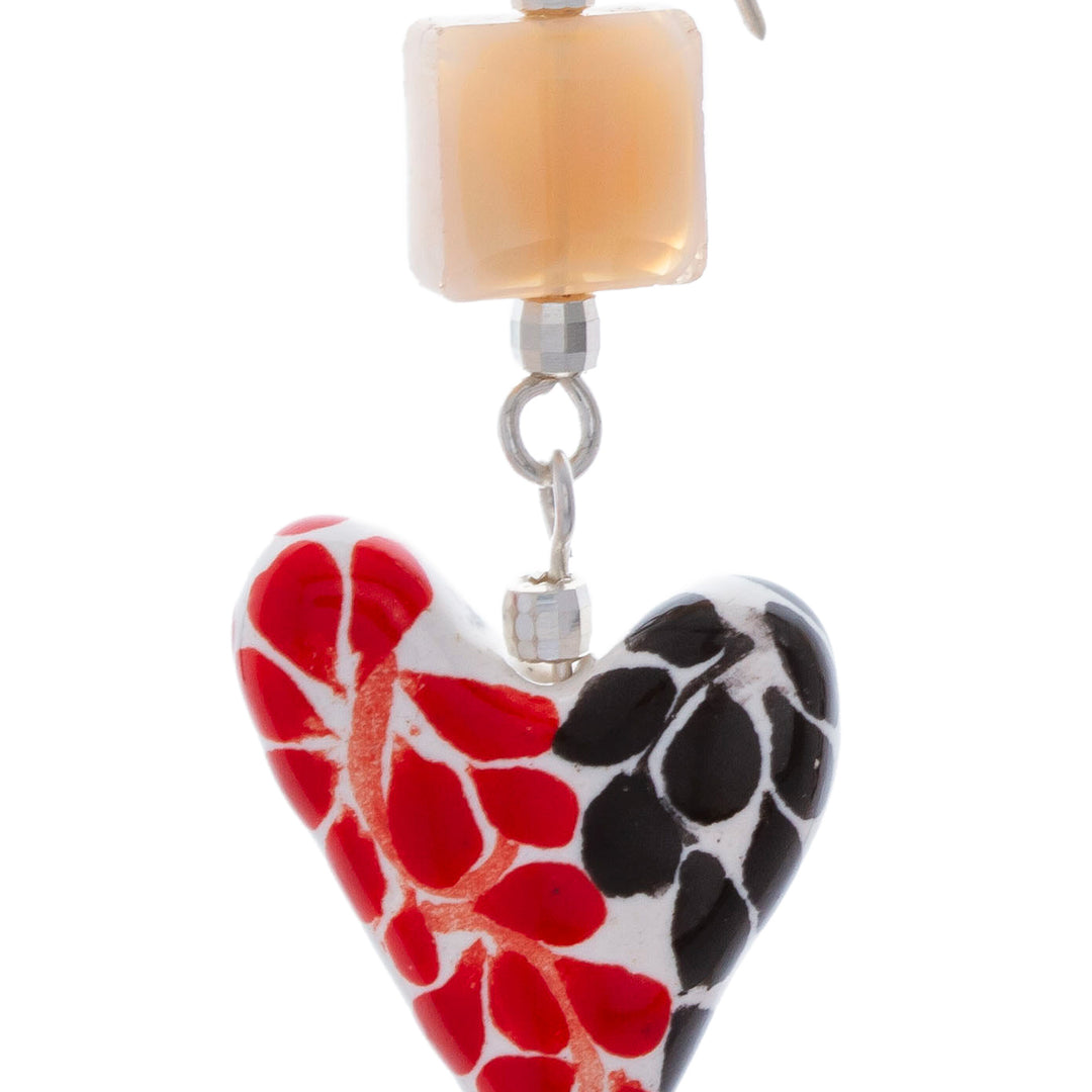 Talavera-Style Painted Leafy Heart-Shaped Ceramic Earrings - Leafy Hearts