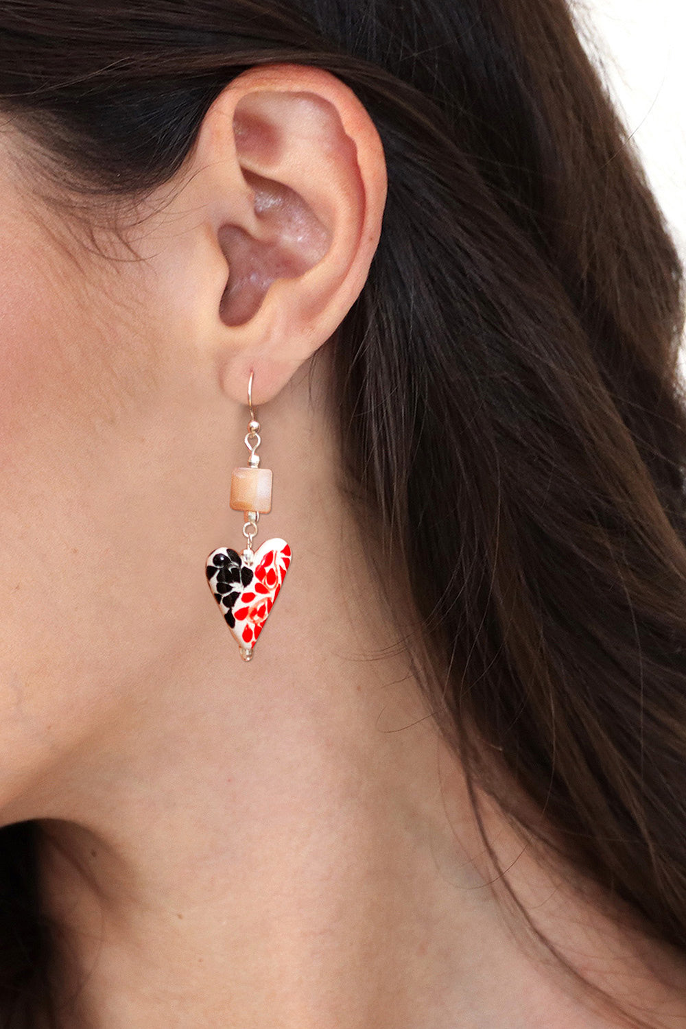 Talavera-Style Painted Leafy Heart-Shaped Ceramic Earrings - Leafy Hearts