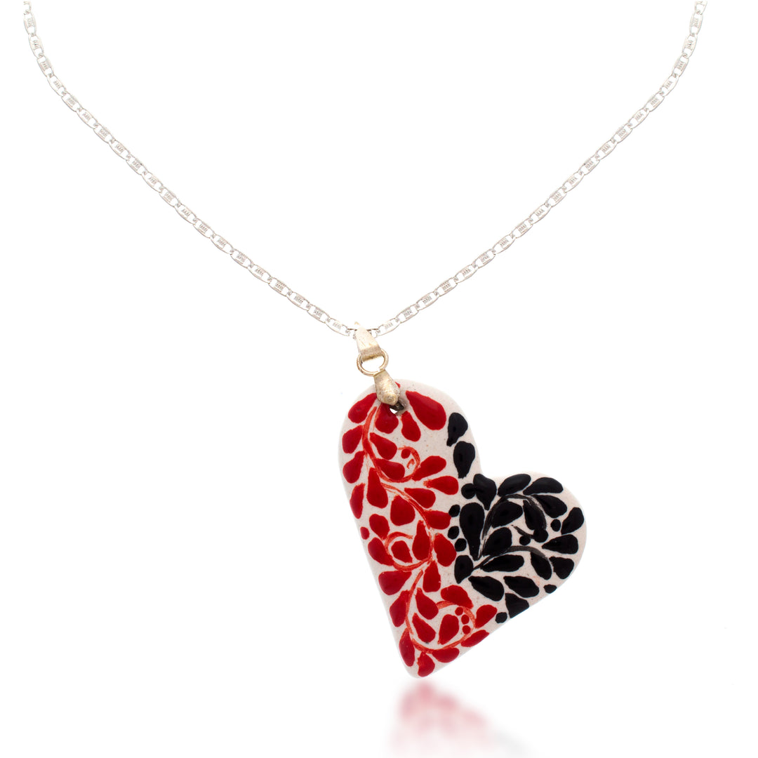 Leafy Painted Red and Black Ceramic Heart Pendant Necklace - Heart of Gardens