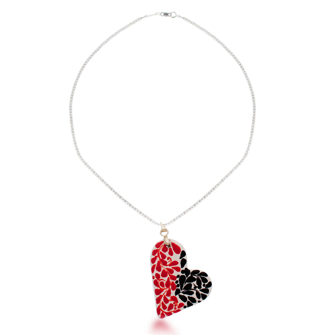 Leafy Painted Red and Black Ceramic Heart Pendant Necklace - Heart of Gardens