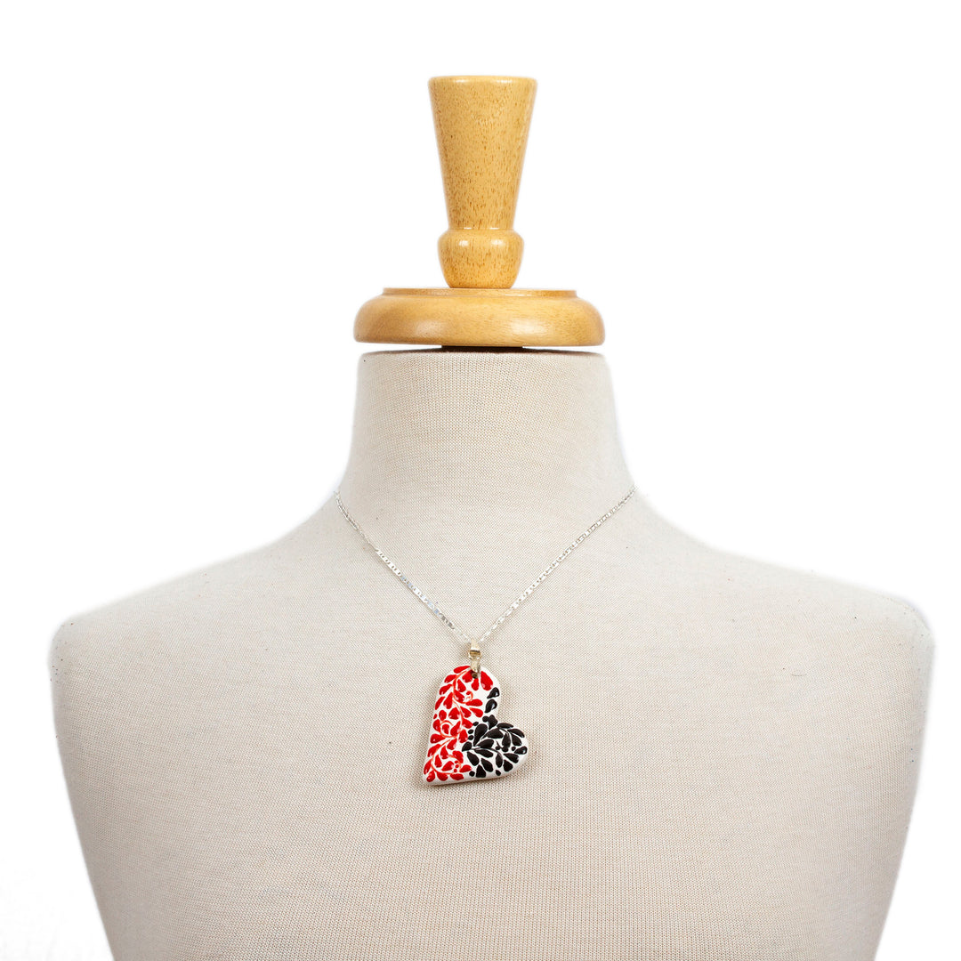 Leafy Painted Red and Black Ceramic Heart Pendant Necklace - Heart of Gardens