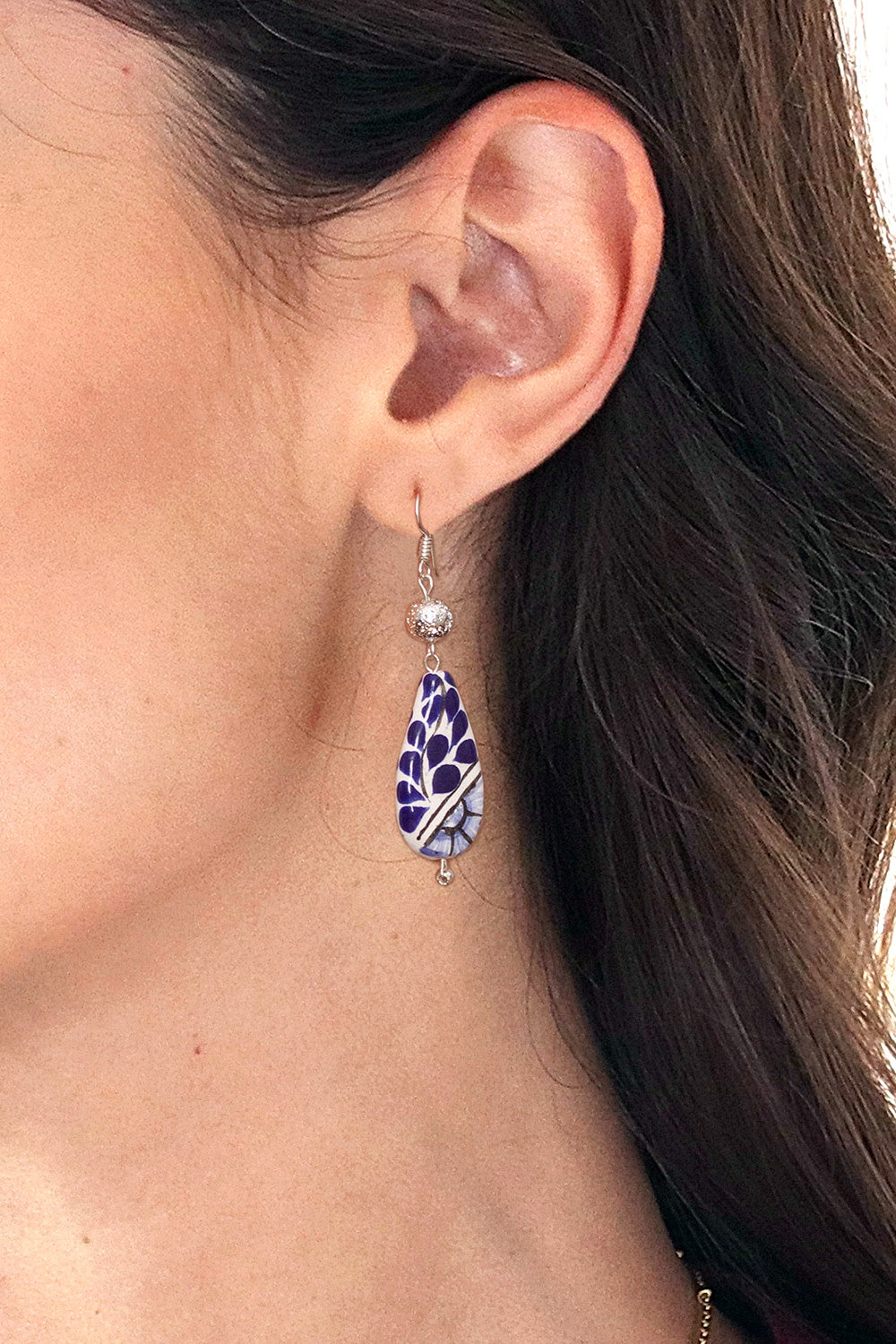 Floral Drop-Shaped Blue Ceramic Dangle Earrings from Mexico - Primaveral Heaven