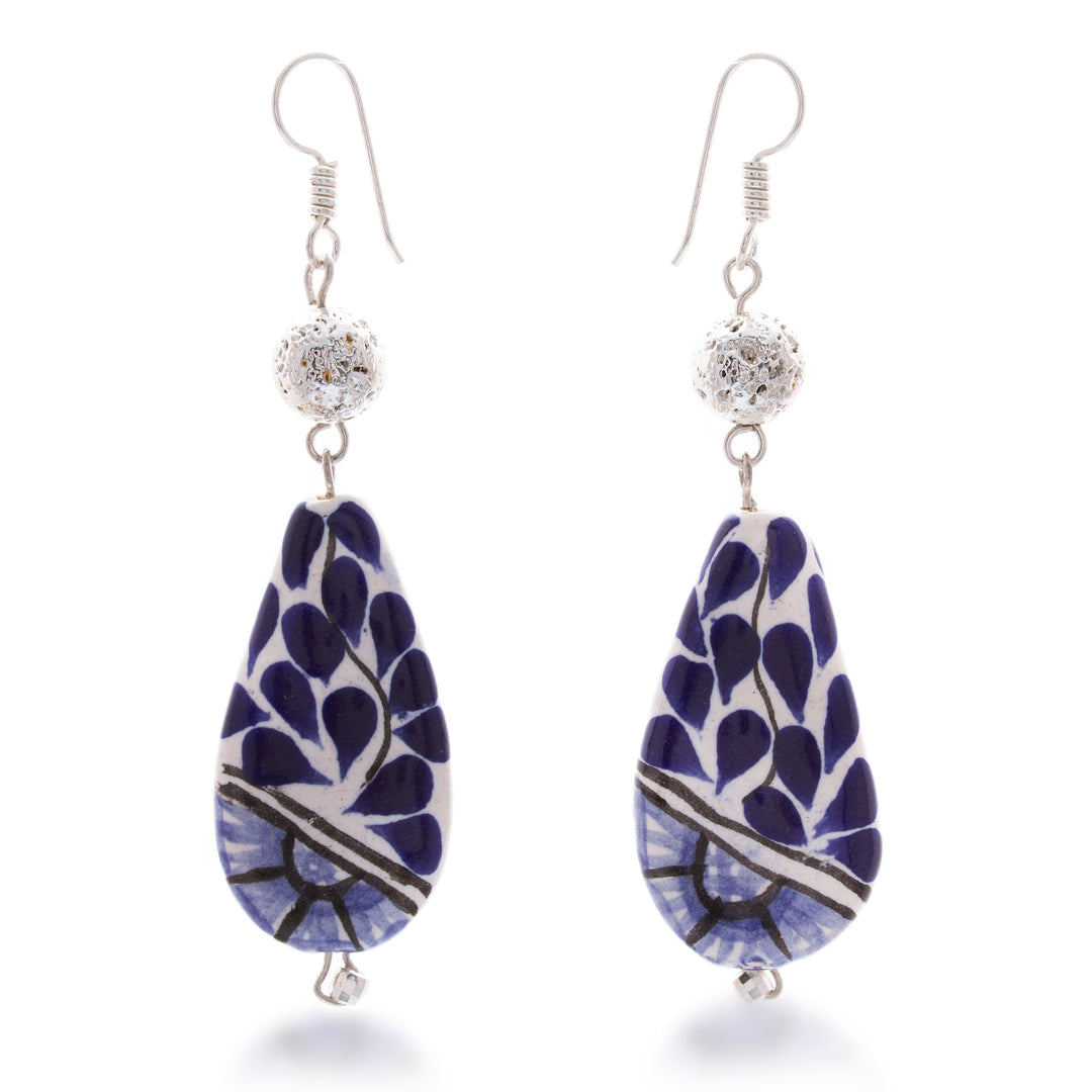 Floral Drop-Shaped Blue Ceramic Dangle Earrings from Mexico - Primaveral Heaven