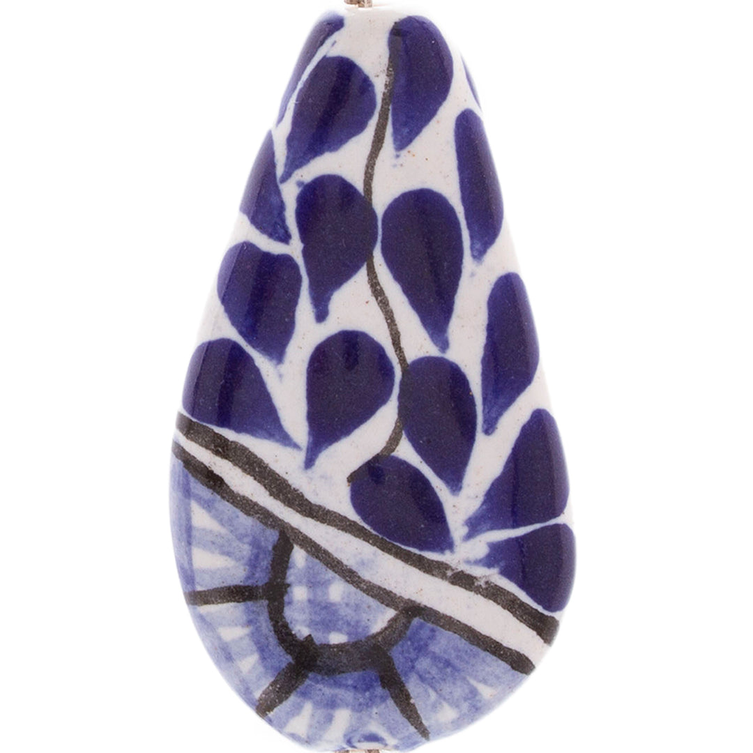 Floral Drop-Shaped Blue Ceramic Dangle Earrings from Mexico - Primaveral Heaven