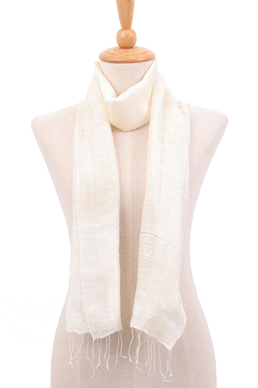 Thai Hand-Loomed 100% Silk Scarf with Fringes in Ecru Beige - Ecru Splendor