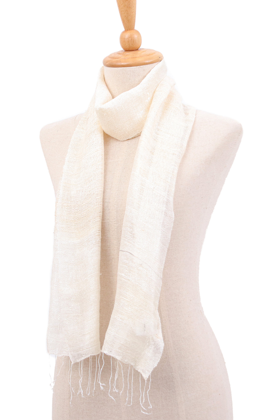 Thai Hand-Loomed 100% Silk Scarf with Fringes in Ecru Beige - Ecru Splendor