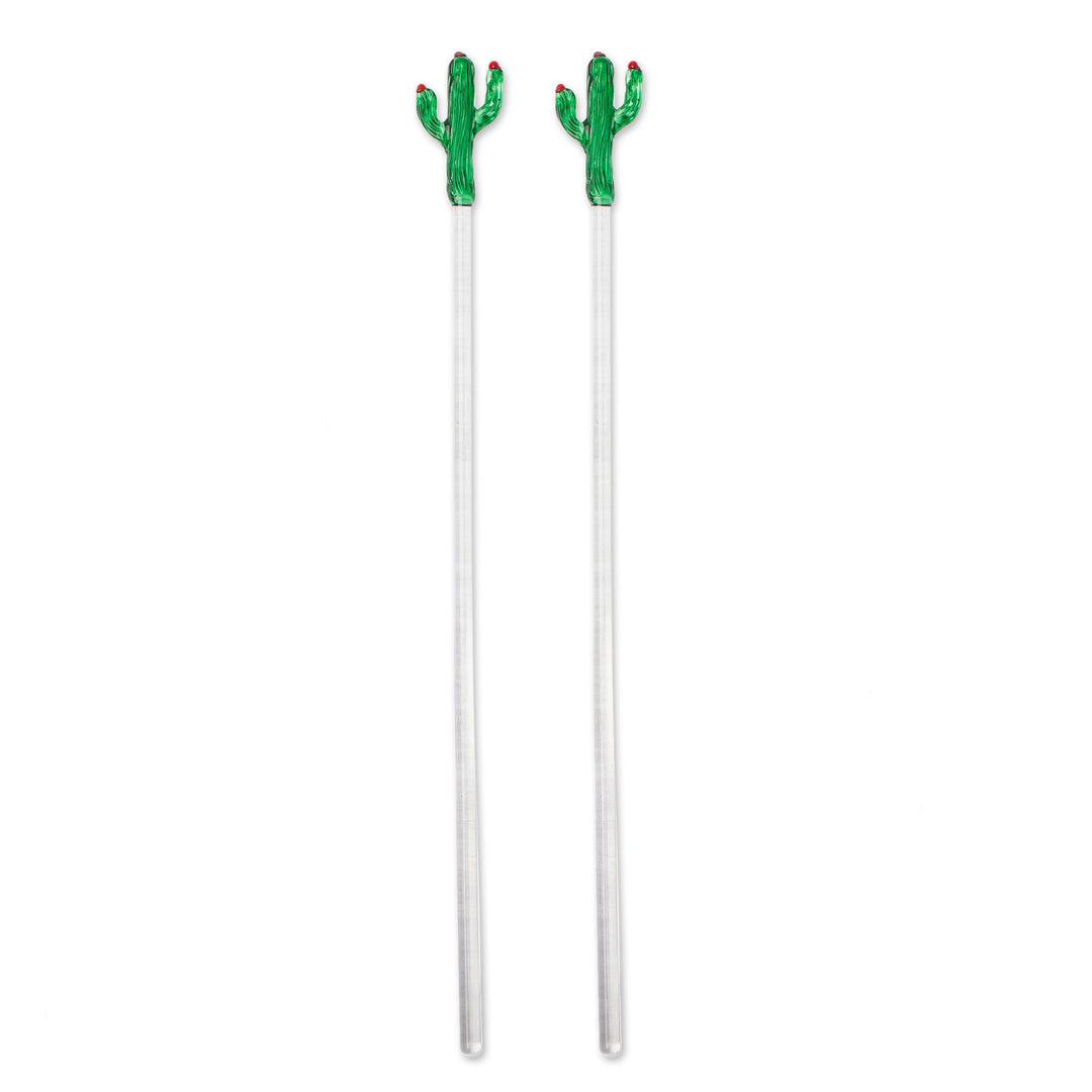 2 Handblown Recycled Glass Drink Stirrers with Cactus Motif - Cactus Cheers