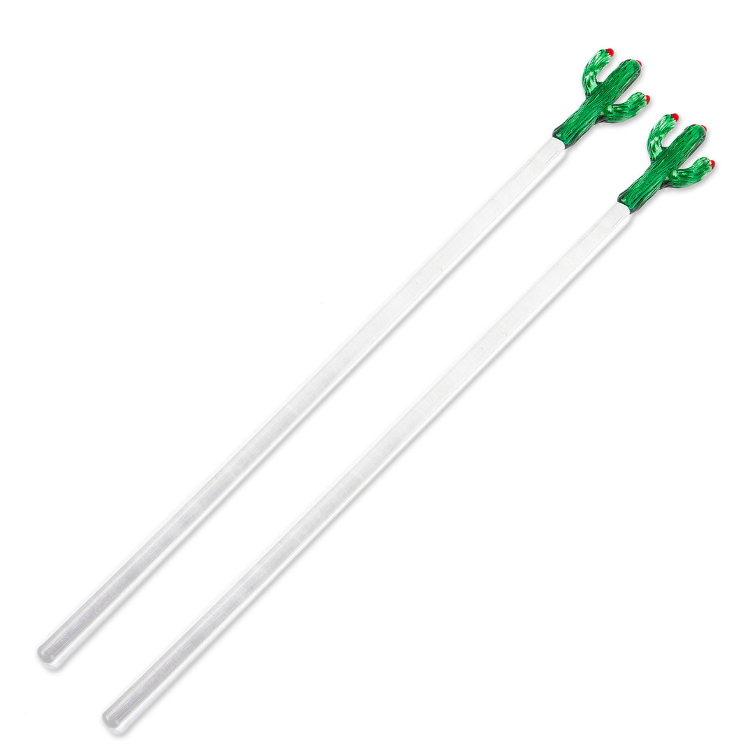 2 Handblown Recycled Glass Drink Stirrers with Cactus Motif - Cactus Cheers