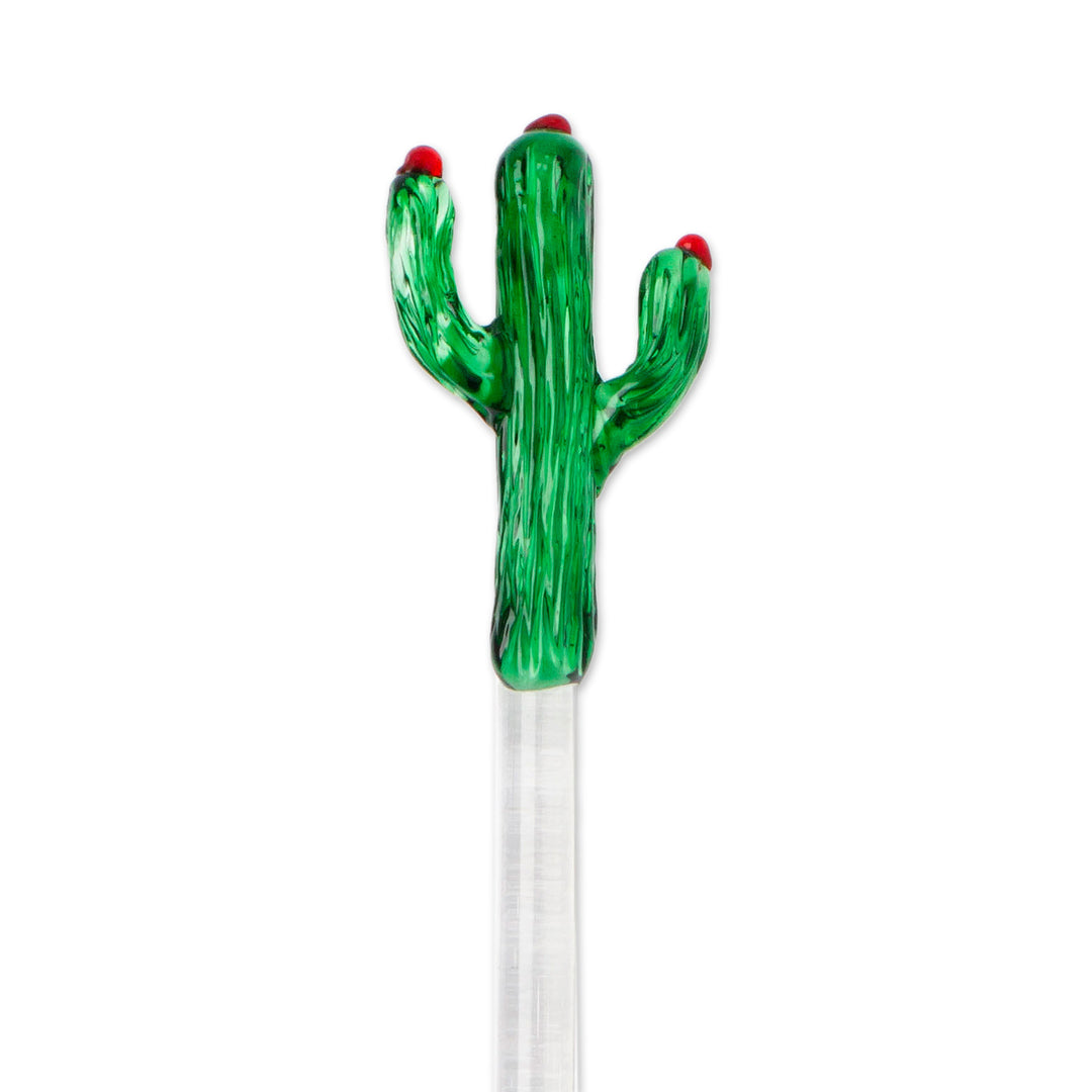 2 Handblown Recycled Glass Drink Stirrers with Cactus Motif - Cactus Cheers
