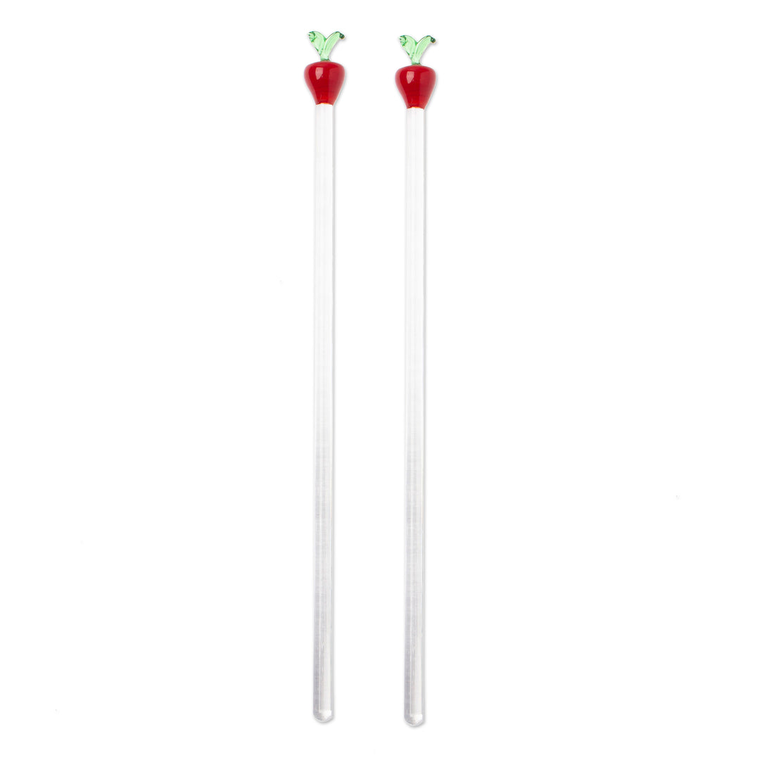 2 Handblown Recycled Glass Drink Stirrers with Apple Design - Red Apple Cheers