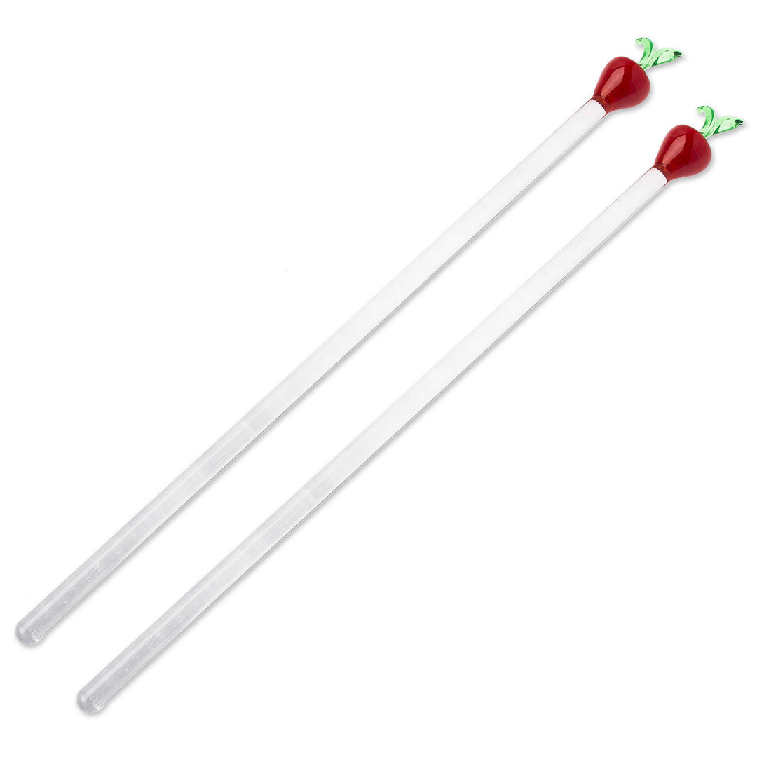 2 Handblown Recycled Glass Drink Stirrers with Apple Design - Red Apple Cheers