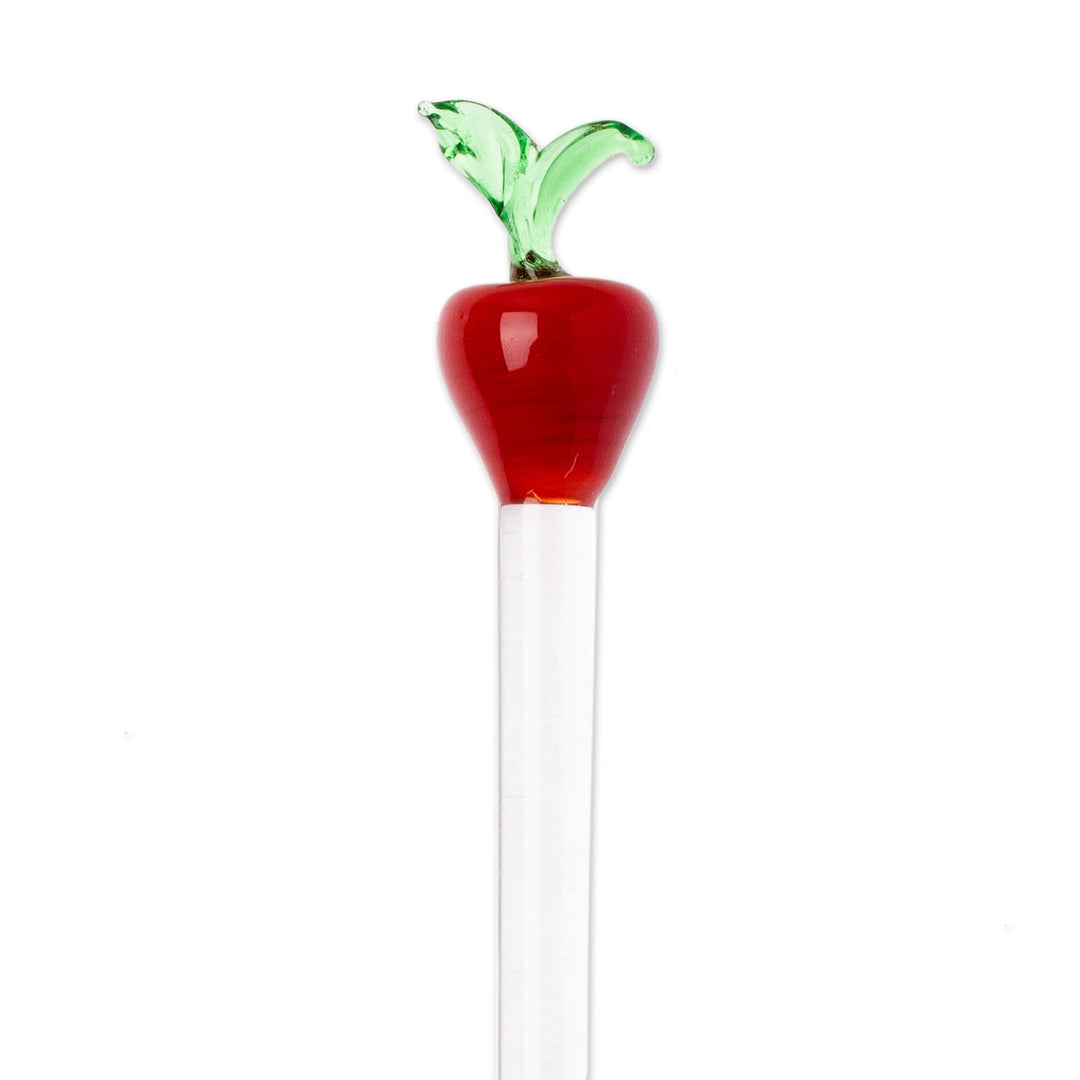 2 Handblown Recycled Glass Drink Stirrers with Apple Design - Red Apple Cheers