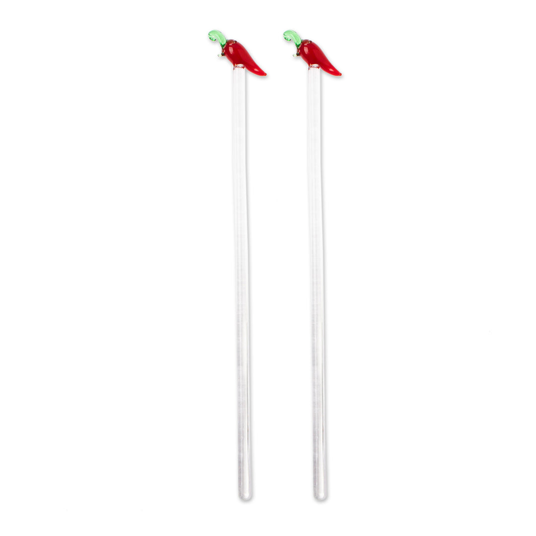 Pair of Handblown Recycled Glass Chili Pepper Drink Stirrers - Chili Pepper Cheers
