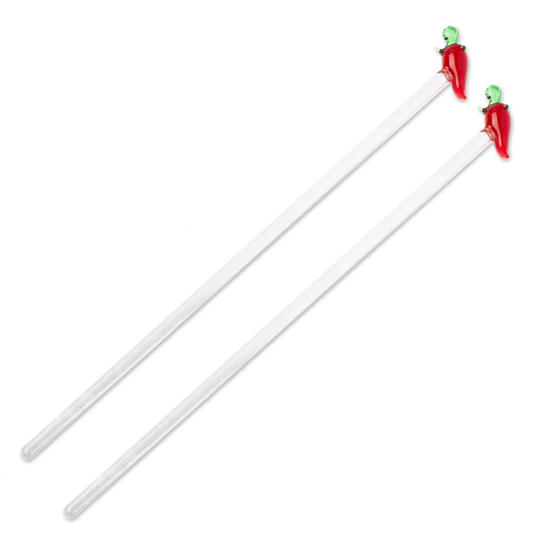 Pair of Handblown Recycled Glass Chili Pepper Drink Stirrers - Chili Pepper Cheers