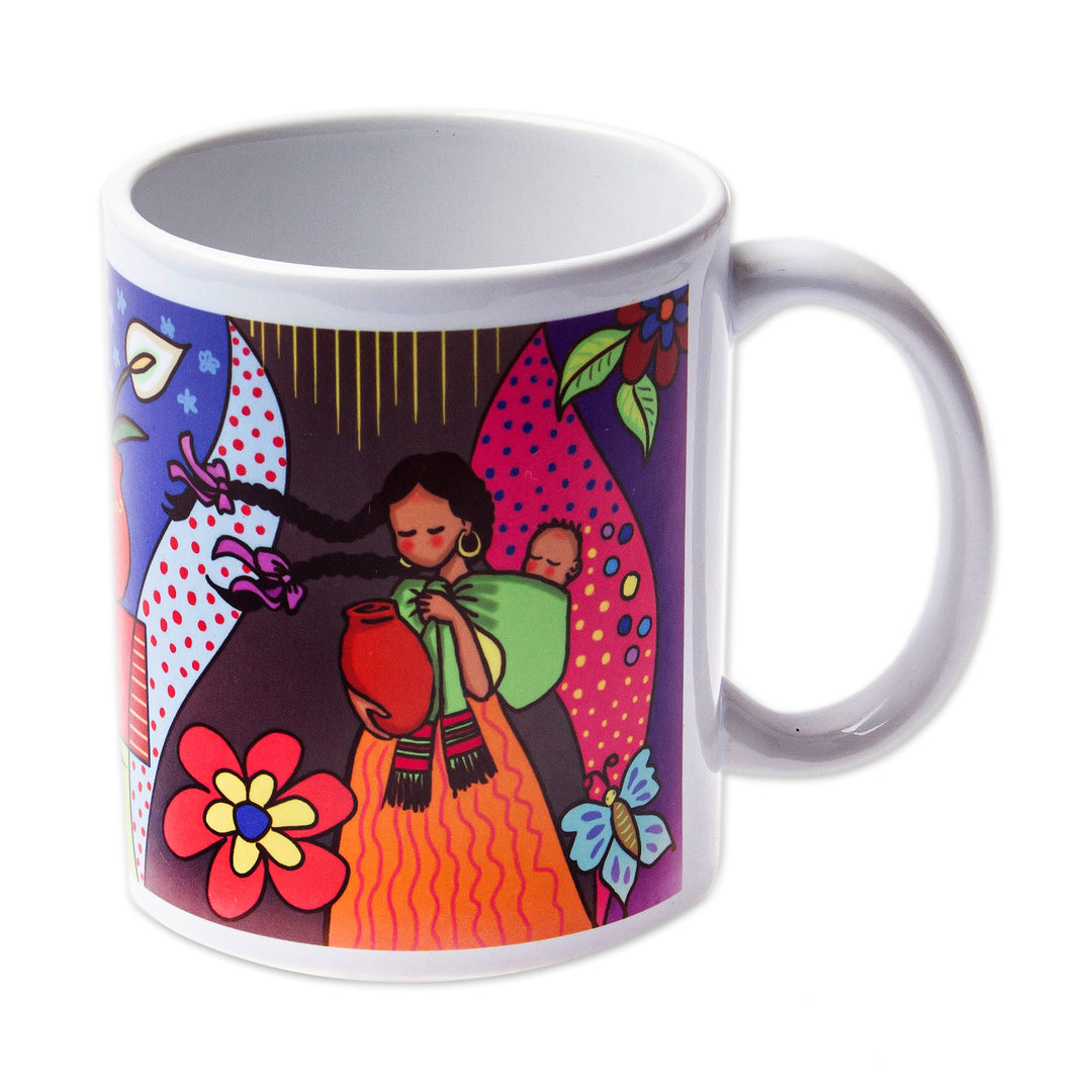 Colorful Mother and Child Floral-Themed Art Print Mug - Motherhood with Florals