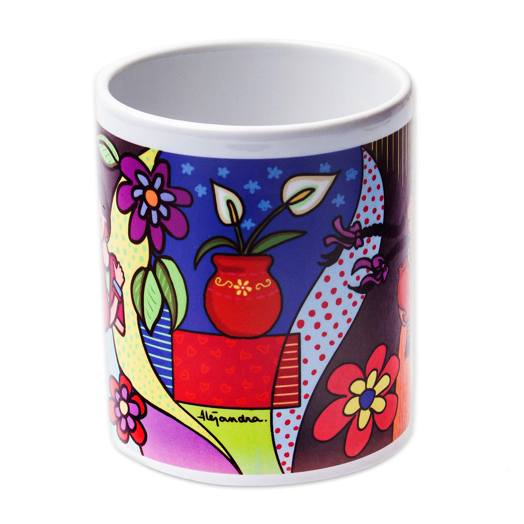 Colorful Mother and Child Floral-Themed Art Print Mug - Motherhood with Florals