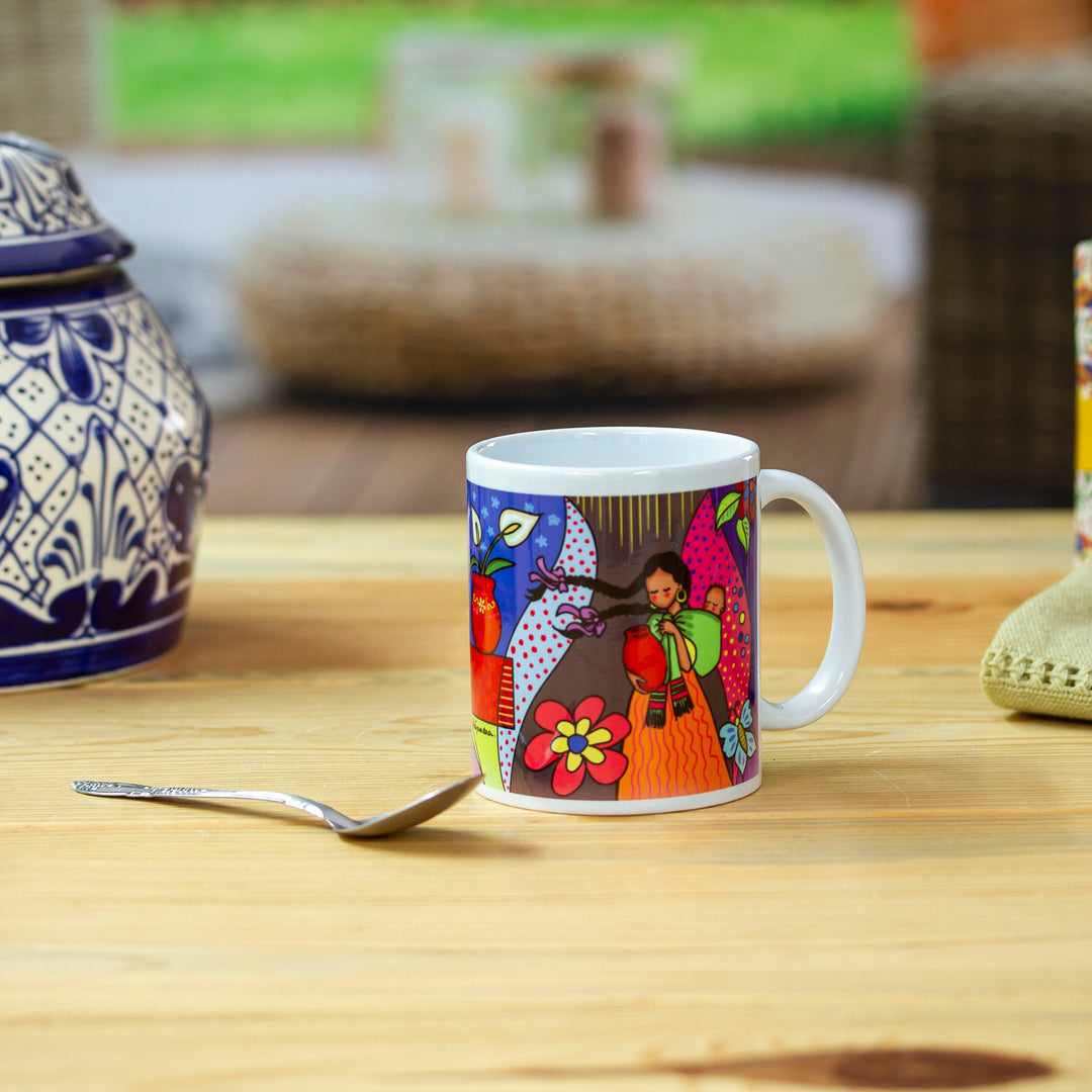 Colorful Mother and Child Floral-Themed Art Print Mug - Motherhood with Florals