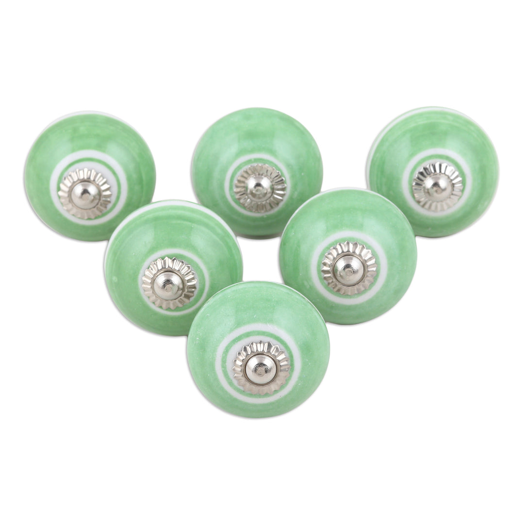 Set of 6 Ceramic Knobs in a Green Hue Handcrafted in India - Green Palace