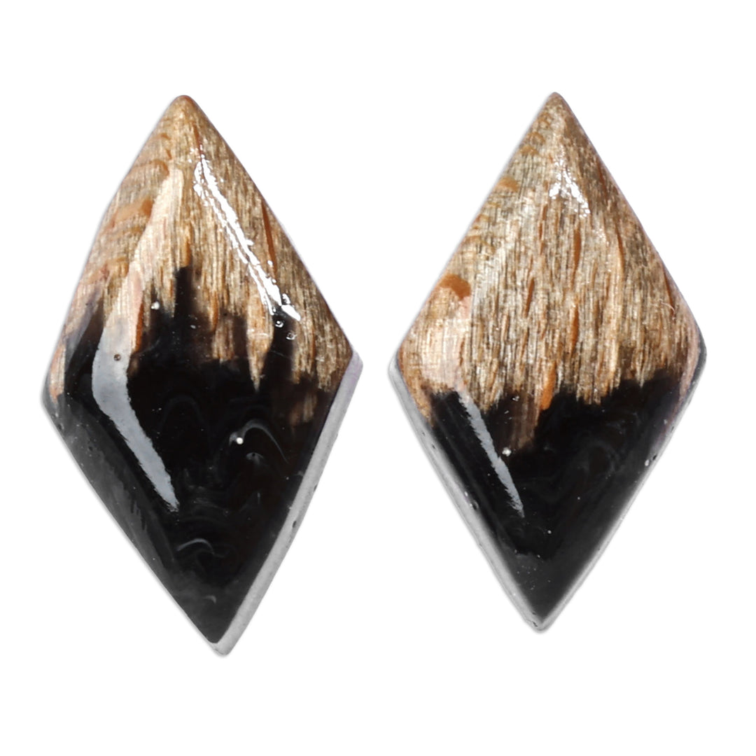 Diamond-Shaped Walnut Wood and Black Resin Button Earrings - Jewels From the Night