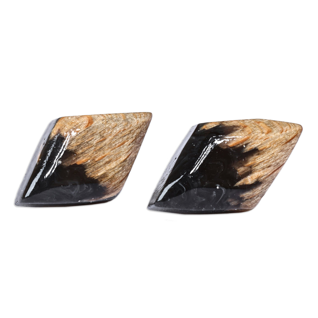 Diamond-Shaped Walnut Wood and Black Resin Button Earrings - Jewels From the Night