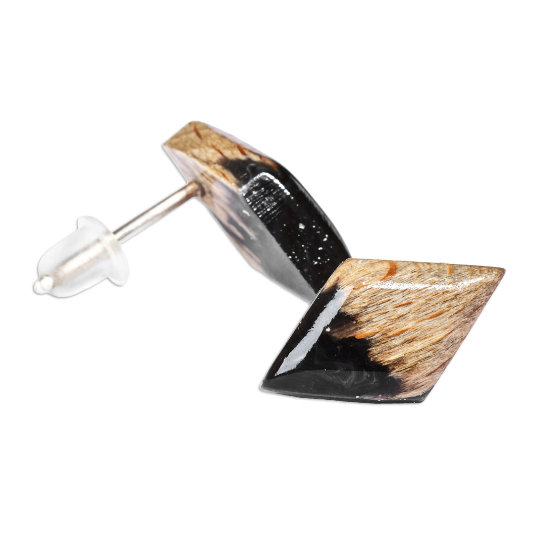 Diamond-Shaped Walnut Wood and Black Resin Button Earrings - Jewels From the Night