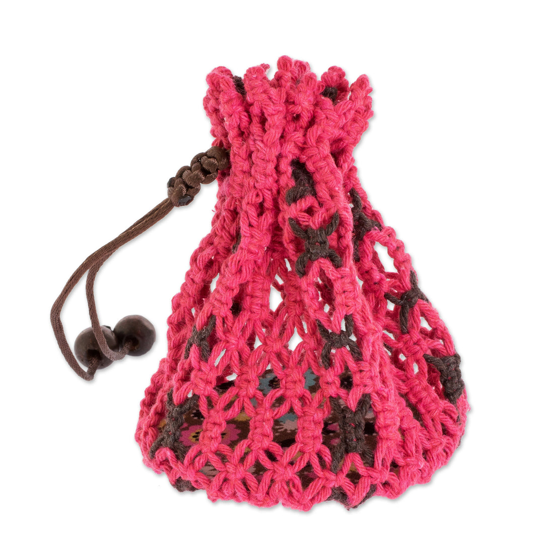 Pink Brown Adjustable Macrame Cotton Pouch with Wooden Beads - Tropical Rose
