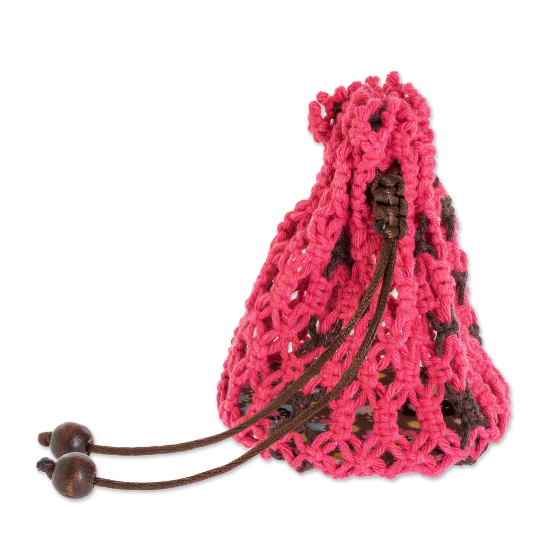 Pink Brown Adjustable Macrame Cotton Pouch with Wooden Beads - Tropical Rose