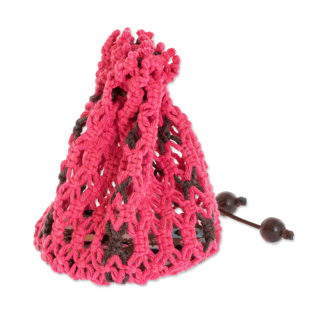 Pink Brown Adjustable Macrame Cotton Pouch with Wooden Beads - Tropical Rose