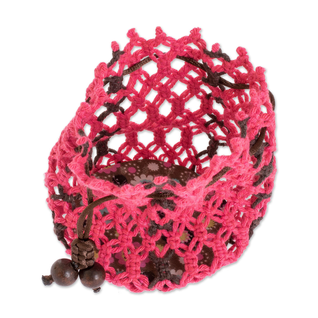 Pink Brown Adjustable Macrame Cotton Pouch with Wooden Beads - Tropical Rose