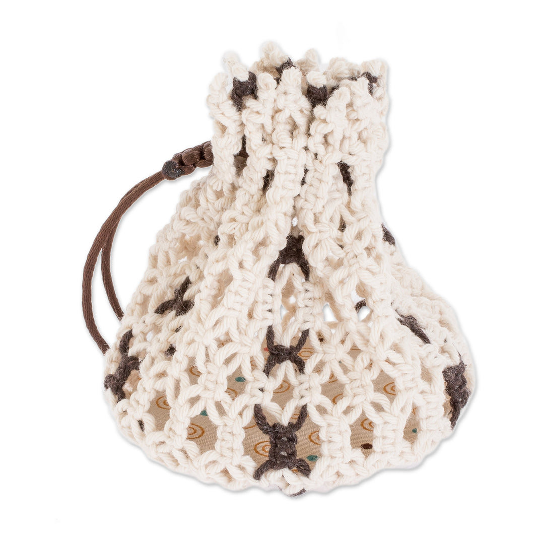 Multi-Purpose Ivory Brown Adjustable Macrame Cotton Pouch - Tropical White