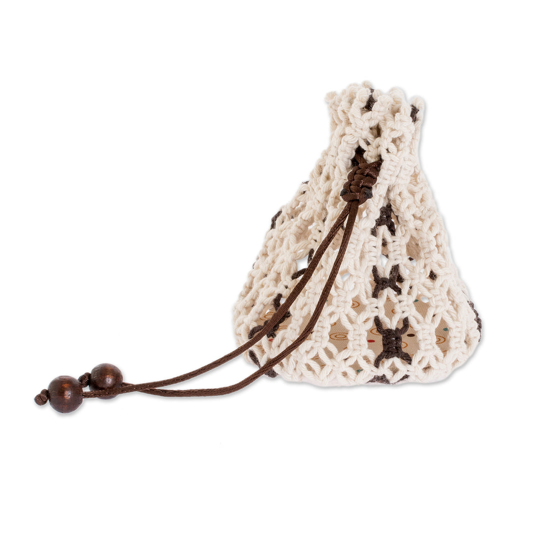 Multi-Purpose Ivory Brown Adjustable Macrame Cotton Pouch - Tropical White