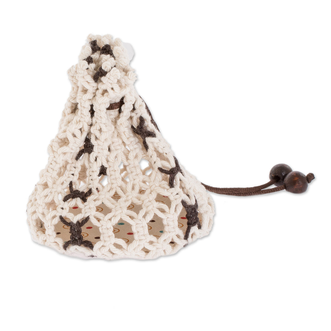 Multi-Purpose Ivory Brown Adjustable Macrame Cotton Pouch - Tropical White