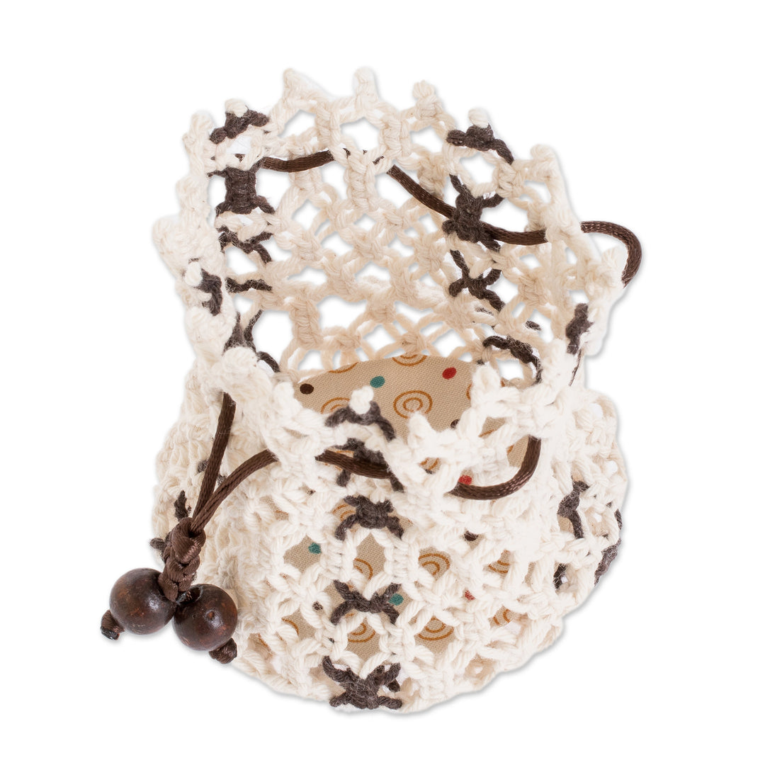 Multi-Purpose Ivory Brown Adjustable Macrame Cotton Pouch - Tropical White