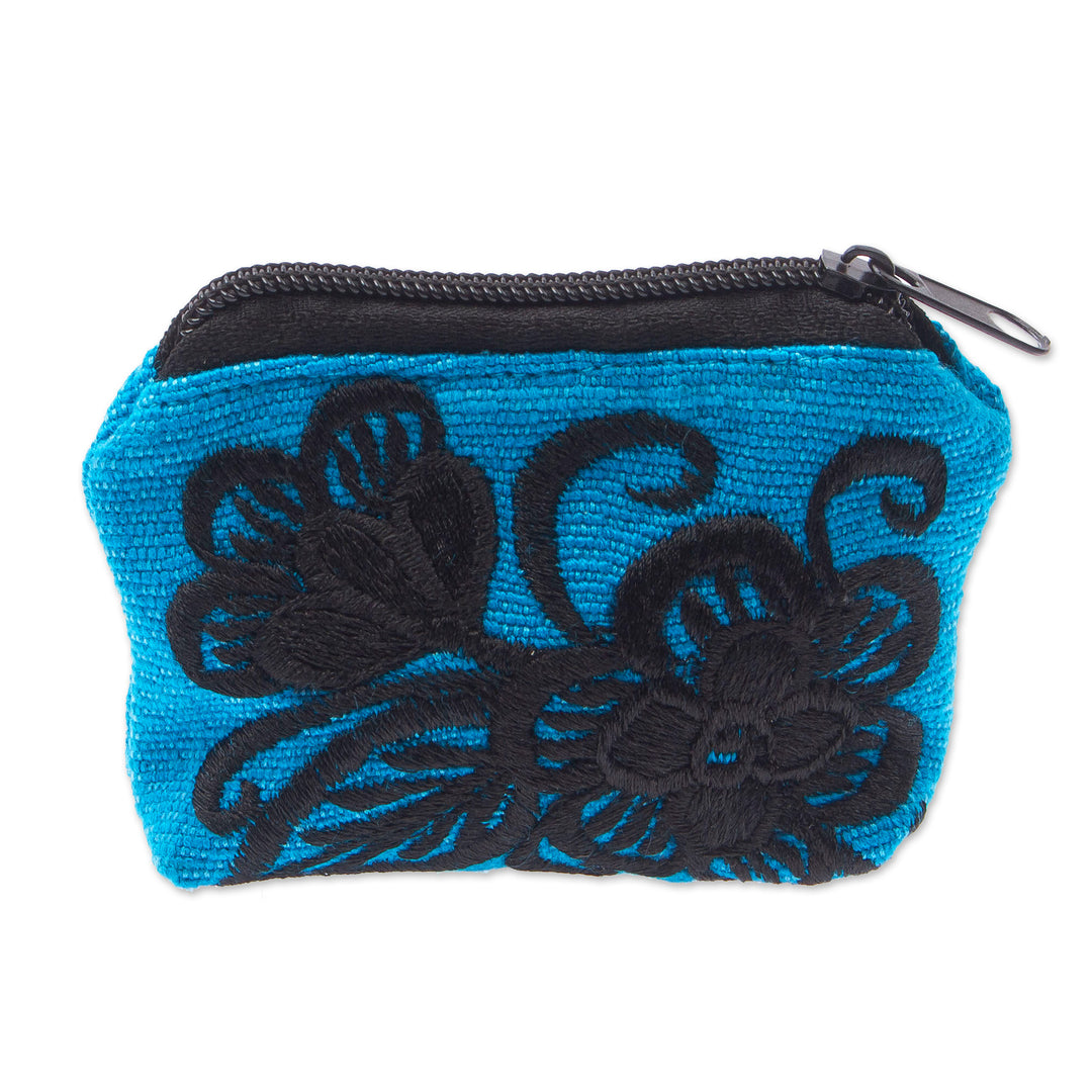 Floral Embroidered Cyan Cotton Coin Purse Made in Mexico - Cyan Flora