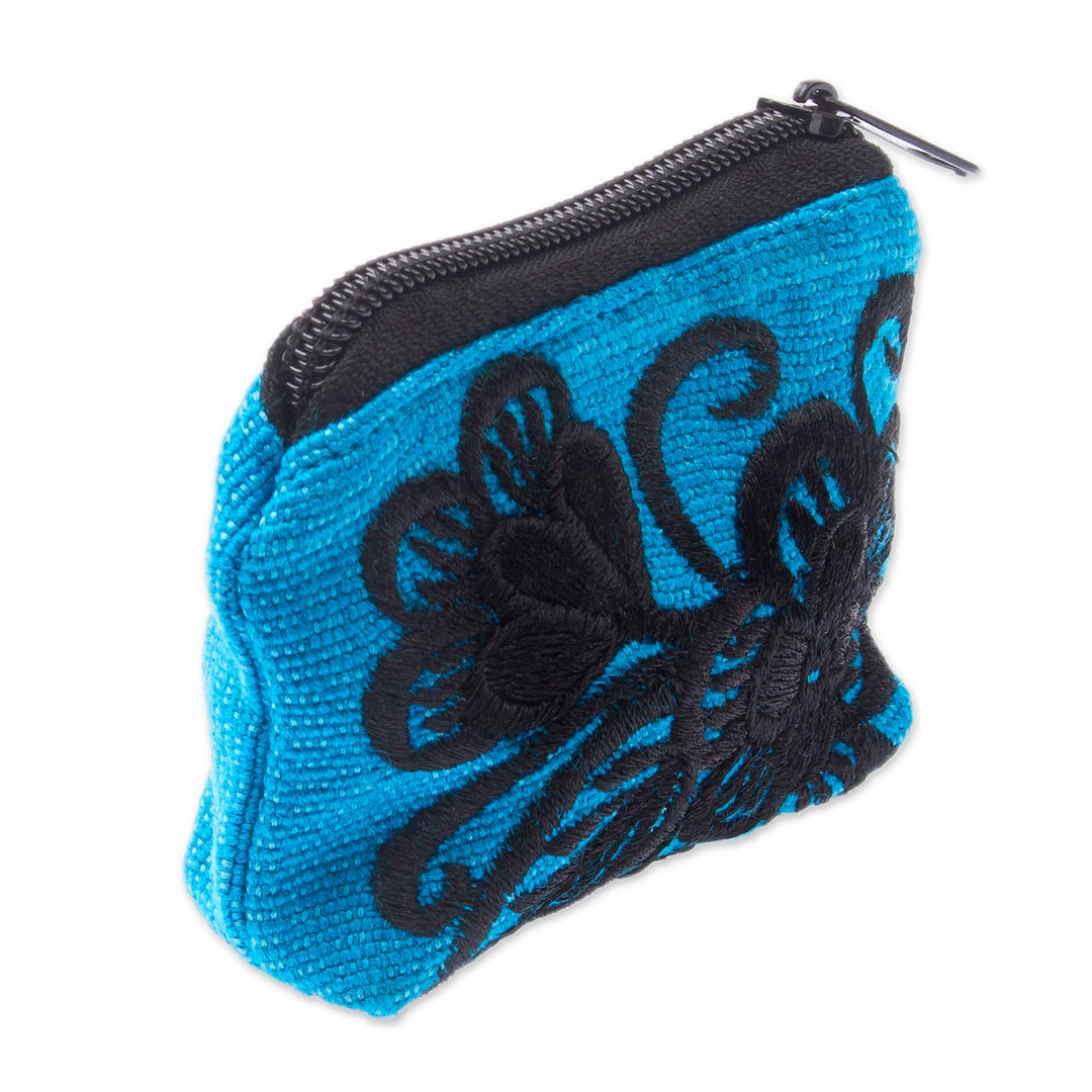 Floral Embroidered Cyan Cotton Coin Purse Made in Mexico - Cyan Flora