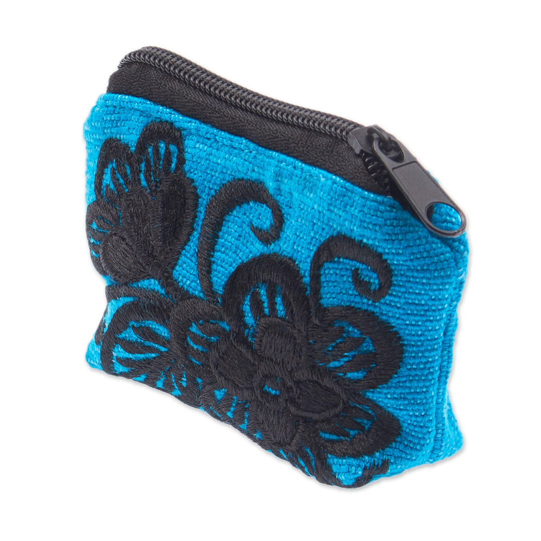 Floral Embroidered Cyan Cotton Coin Purse Made in Mexico - Cyan Flora
