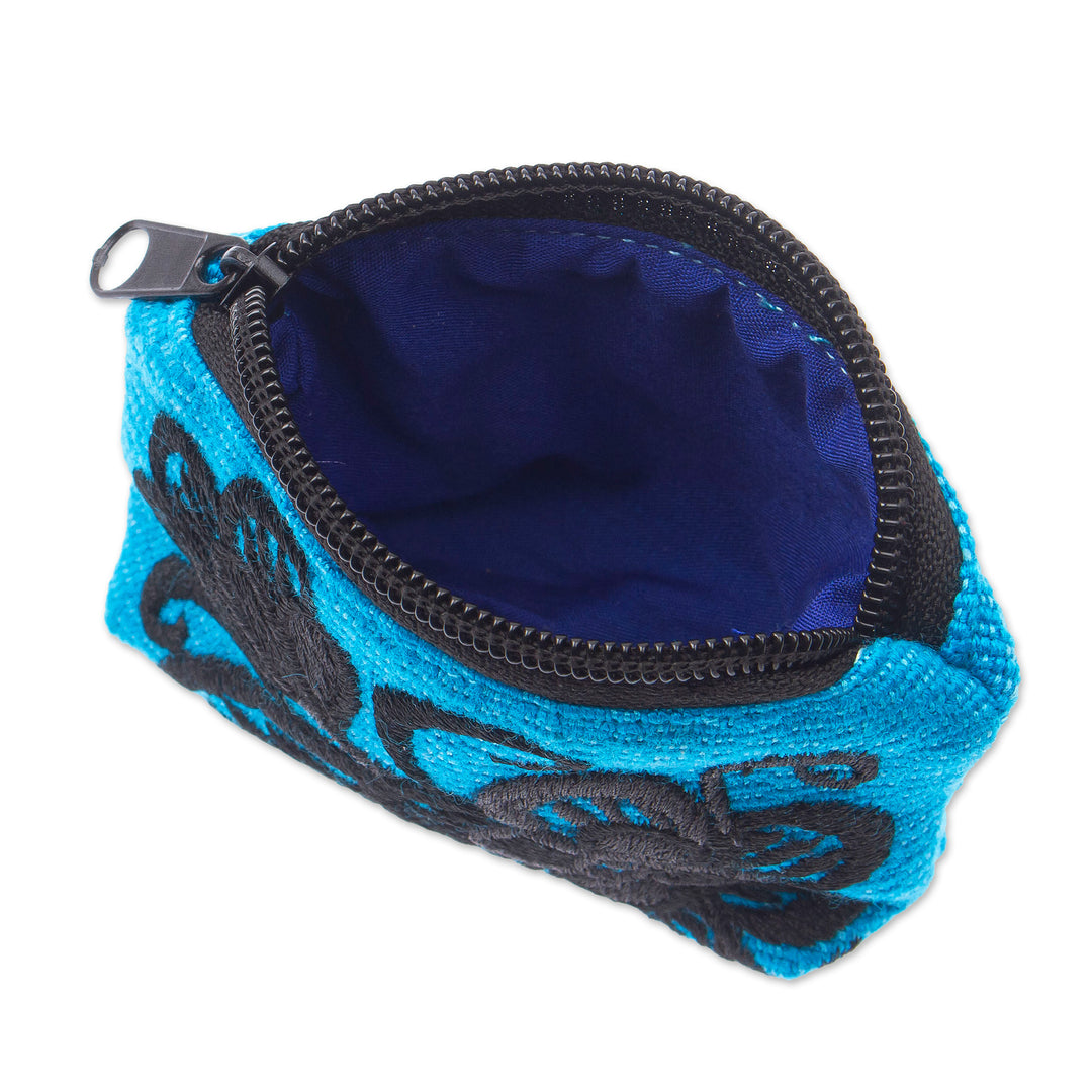 Floral Embroidered Cyan Cotton Coin Purse Made in Mexico - Cyan Flora
