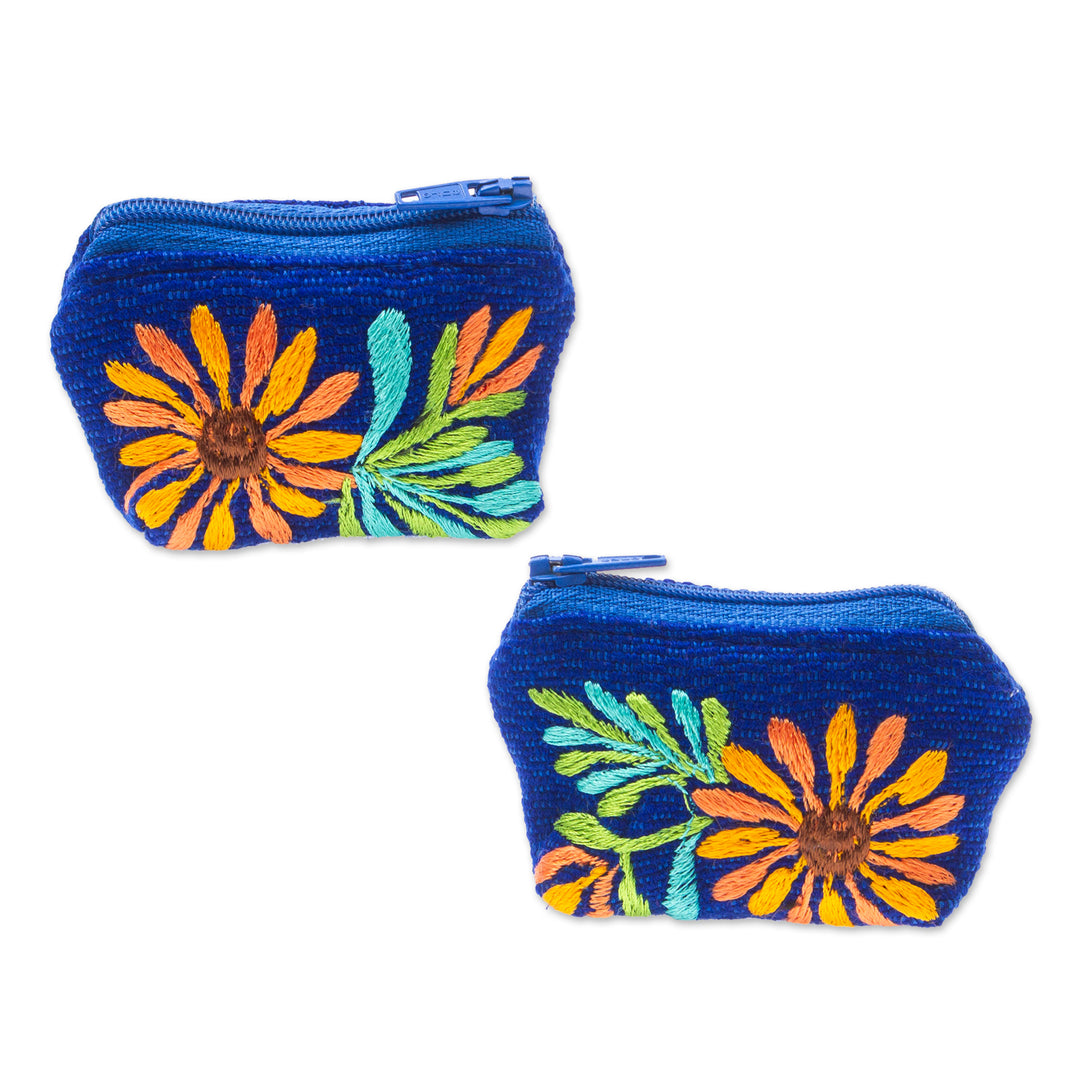 Zippered Royal Blue Cotton Coin Purse Pair with Floral Theme - Royal Blue Spring