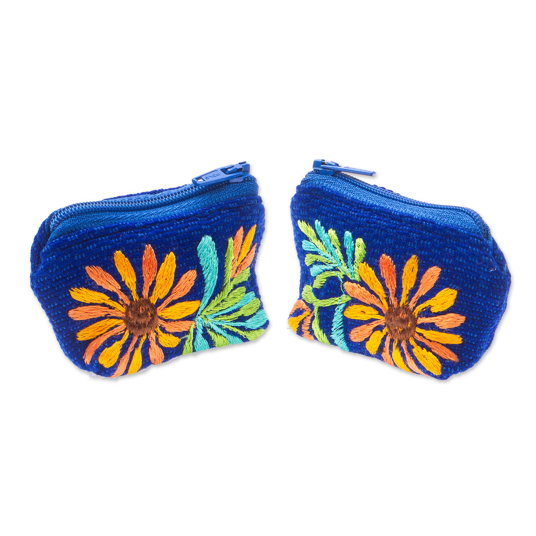 Zippered Royal Blue Cotton Coin Purse Pair with Floral Theme - Royal Blue Spring