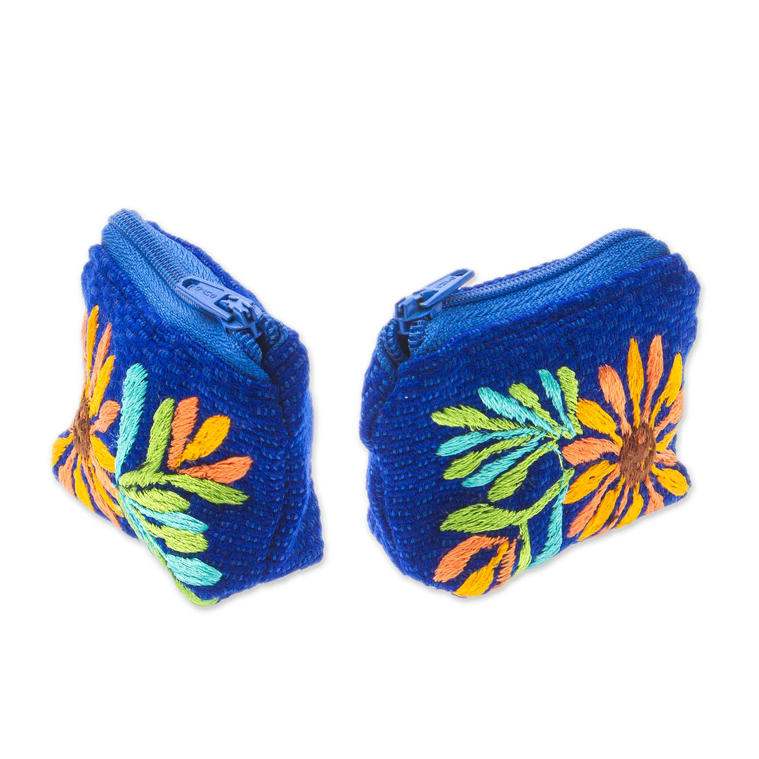 Zippered Royal Blue Cotton Coin Purse Pair with Floral Theme - Royal Blue Spring