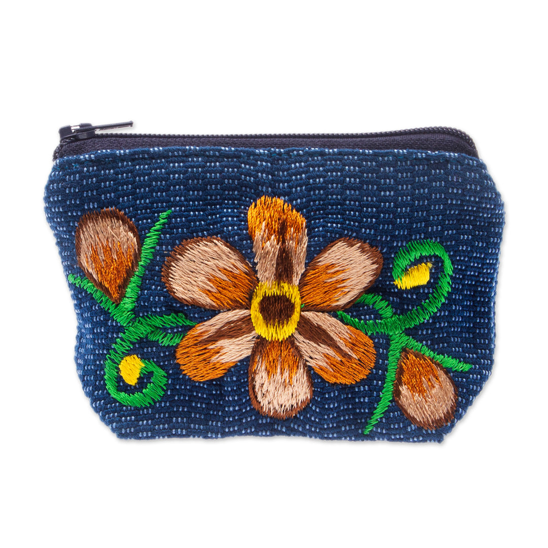 Blue and Ginger Floral Embroidered 100% Cotton Coin Purse - Bloom of Autumn
